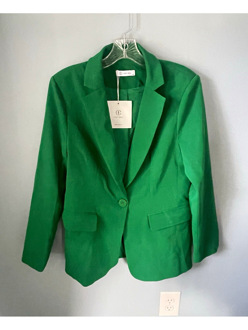 CICY BELL Women’s Green Solid Blazer Button Front Lined Long Sleeve Short Sz M
